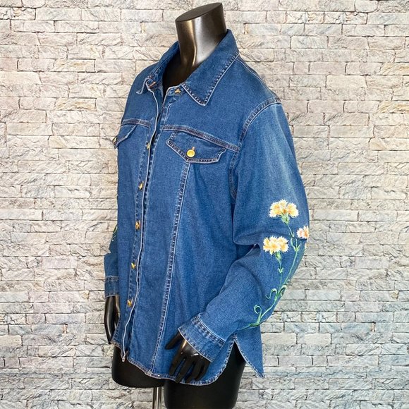 Bob Mackie Blue Denim Button Down Shirt with Floral Embroidery - Picture 2 of 8